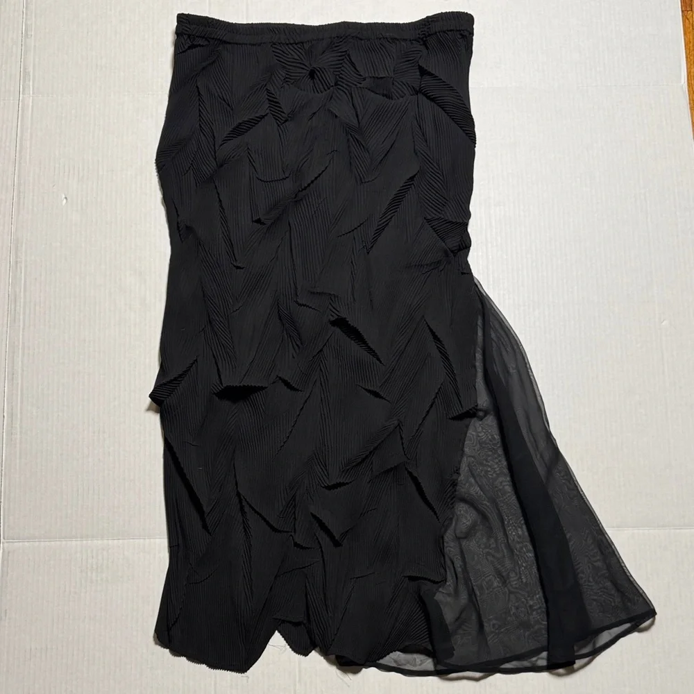 HAN FENG Women's Ruched Pleated Crinkle Black Maxi Skirt Sheer Whimsigoth XL - Picture 1 of 10